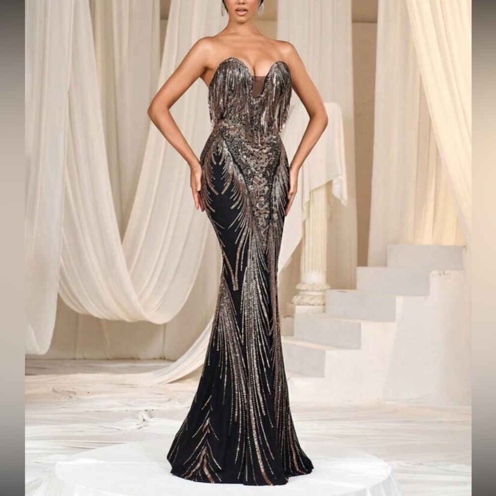 Luxe champagne mermaid hem party formal evening wedding gown dress - Picture 5 of 6